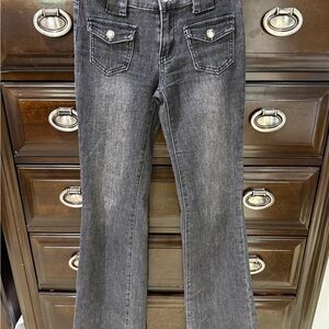 Edikted Washed Black Flare Jeans with Front Flap Pockets
